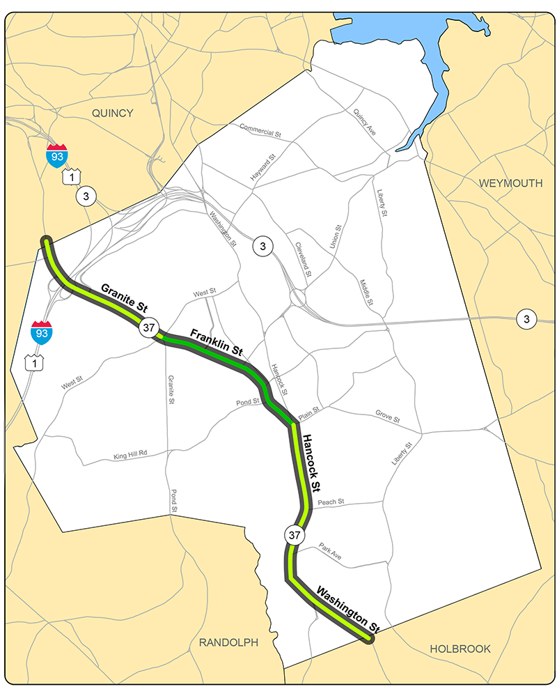 Figure 2 is a map of the study area showing the three segments of the corridor: Granite Street, Franklin Street, and Washington/Hancock Street segments.